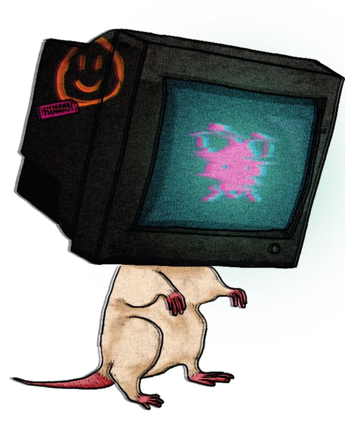 Data-Rattus: rato com cabeça de monitor CRT antigo brilhando verde-ciano