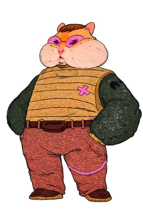 Viktor, hamster anão robusto com óculos rosa e colete amarelo listrado